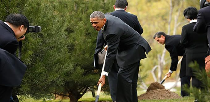 Peña Nieto planta pinos en China junto con Obama y Putin