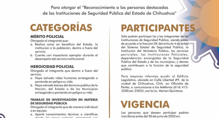 Amplía Congreso fecha de inscripción para Medalla al Mérito Policial 2020