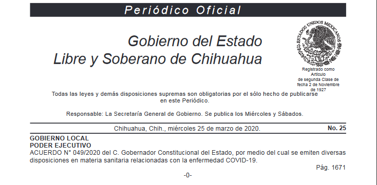 Publica Estado Acuerdo con medidas de seguridad sanitaria para prevenir y contener COVID-19